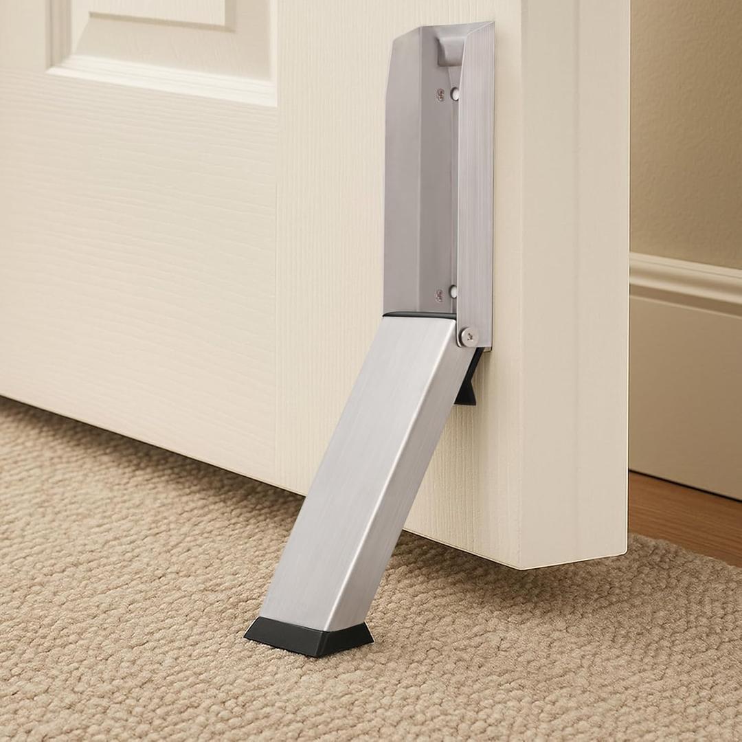 HOMOTEK 1 Pack Kickdown Door Stopper for Bottom of Door, Foldable Door Stop with Self Adhesive, Heavy Duty No Drilling Portable Door Stoppers, Silver (Brushed Stainless Steel)