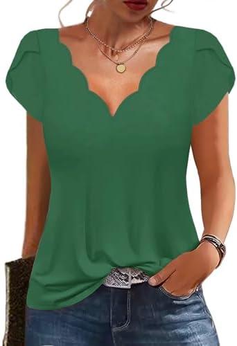 Womens Summer Tops Seashell Edge V Neck Shirts Petal Short Sleeve Top Dressy Casual Tunic Blouses, L
