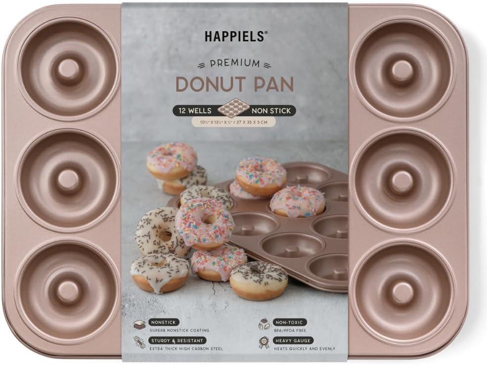 HAPPIELS 12 Well Donut Pan Nonstick, Non Toxic PFOA & BPA Free Donuts Mold for Baking, Doughnut Tin for Oven, Doughnuts Pans and Molds Non Stick Nontoxic, Baking Tray Pans & Trays without Teflon