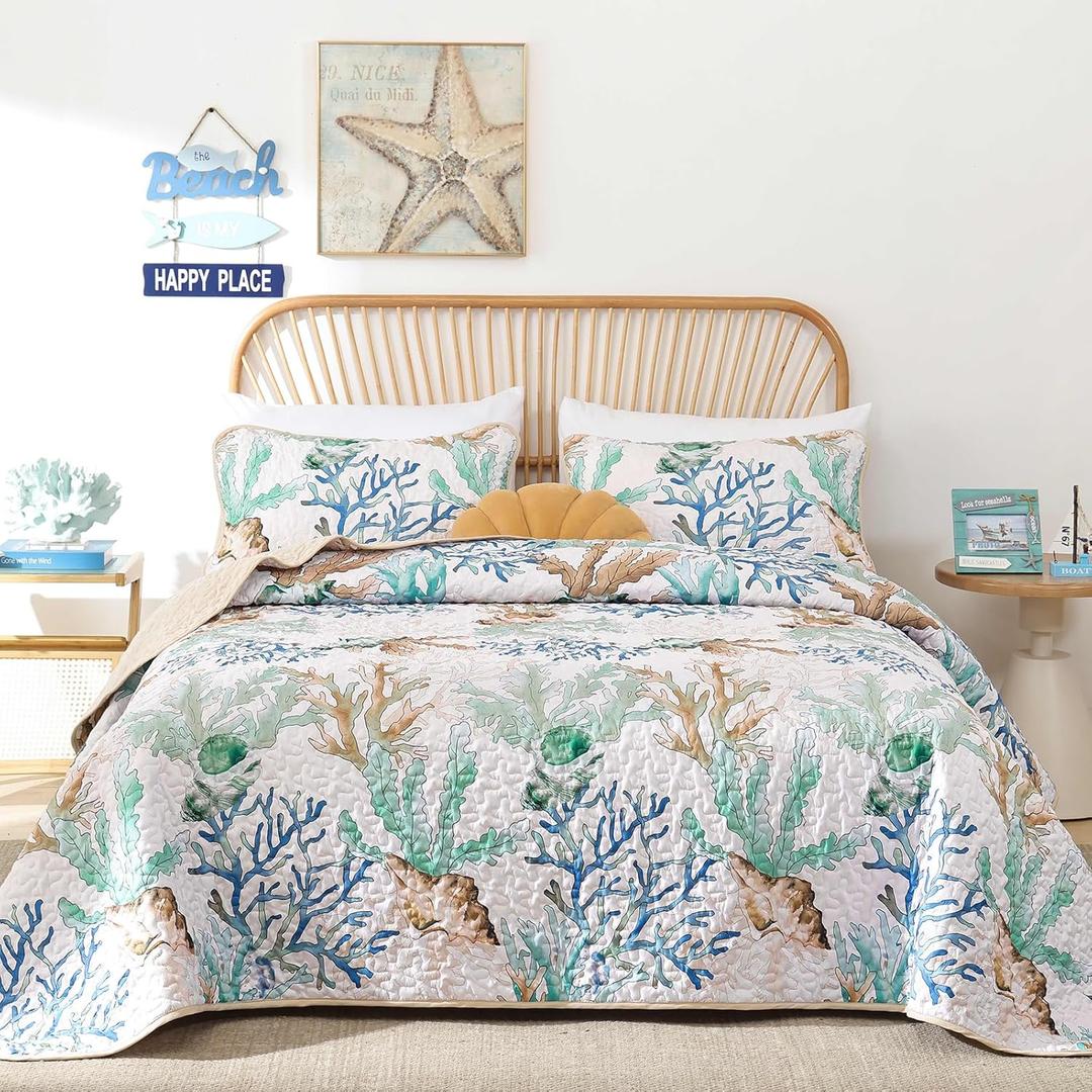 Xruibed Coastal Quilt Set Queen Size Green Nautical Beach Quilt Coverlet Reversible Lightweight Bedspread with 2 Pillowshams Soft Microfiber Quilt Set for All Season 90"x96"