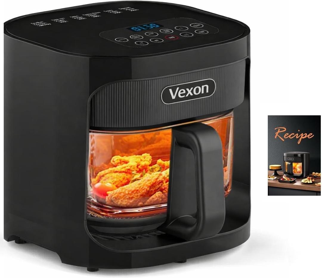 4.5QT Large Glass Air Fryer See-Through Glass Window, Non Toxic, 360 Hot Air and Auto Shut-Off for Crispy Food, Temperature Control Dishwasher Safe, 14"Dx11"Wx12"H
