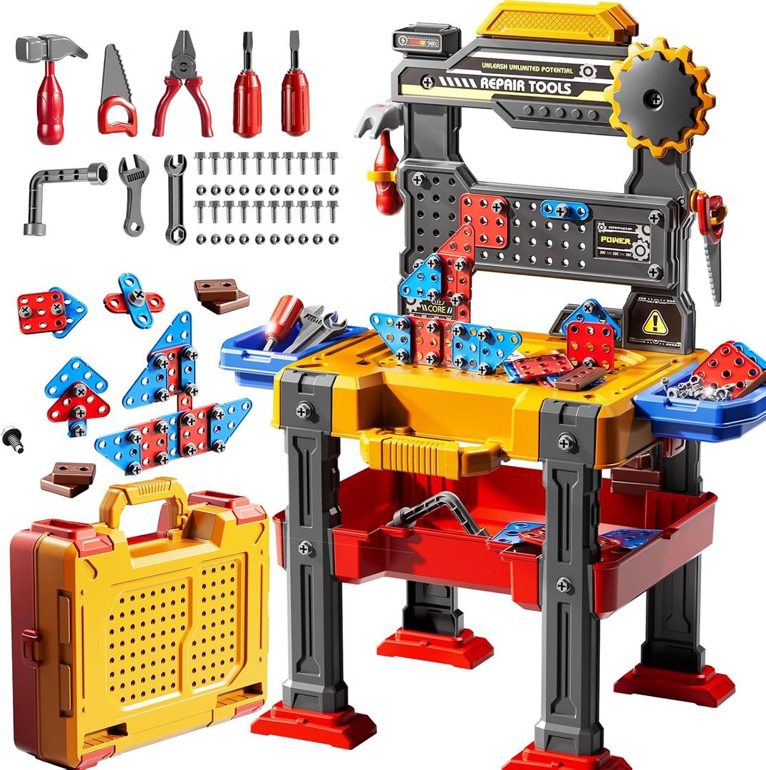 2 in 1 Workbench Tools Toys Set with Sound for Toddlers Aged 3-5, 145 PCS Educational Construction Mechanic Toolbox for Boys Girls, Pretend Play Toys Birthday Gift for Kids 3 4 5 6 Years Old (Yellow)
