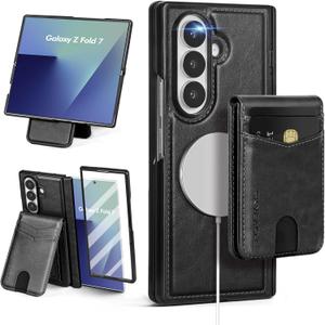 SkyEagle Compatible with Magsafe Detachable Magnetic Samsung Galaxy Z Fold 7 Phone Wallet Case with Card Holder | Built-in Screen Protector | Kickstand | RFID Blocking | PU Leather Cover |Black