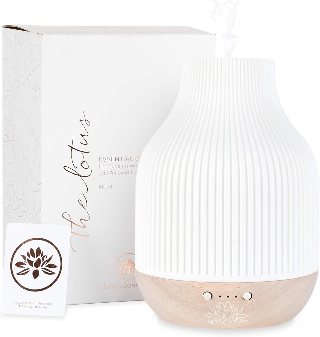 Sacred Lotus Love Ceramic Essential Oil Diffuser Ultrasonic Aroma Diffuser with Wood Base, Ambient LED Light and Timer Settings