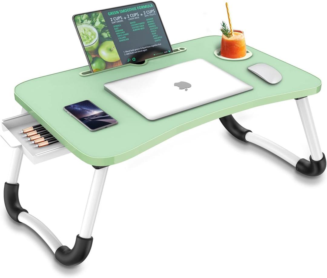 Zapuno Multi-Function Laptop Bed Table with Storage Drawer and Cup Holder, Lap Desk Stand Tray for Eating, Reading and Working (Green)