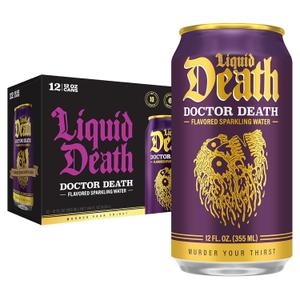 Liquid Death, Doctor Death, Soda-Flavored Sparkling Water, Pack of 12 (12oz Cans), Low Calorie & No Artificial Sweeteners BB: 12/10/26