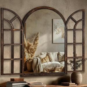Arched Wall Mirror with Wood Window Frame, 38x26 Vintage Rustic Arch Farmhouse Mirror for Wall, Living Room, Bedroom, Entryway(Brown)