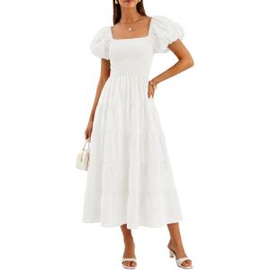 ZESICA Women's 2026 Summer Puff Sleeve Midi Dress 2026 Boho Solid High Waist Flowy Beach Wedding Guest Long Dresses (Medium, White)