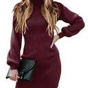 ANRABESS Women Long Sleeve Turtle Mock Neck Rib Knit Stretch Slim Fitted Bodycon Sweater Mini Short Dress 2025 Fall Outfits Wine Red Small