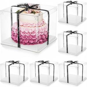 6 Pack Large Clear Cake Box with Ribbon, Tall Cake Box Carrier 12x12x10 Inch, Tiered Transparent Cake Packaging Boxes with Lid and Board, PET Clear Gift Containers for Birthday Wedding Party