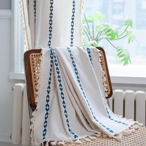 Sutuo Home Boho Curtains 84 inches for Bedroom Living Room, Semi Blackout Farmhouse Vintage Tassels Window Treatment Bohemian Embroidery Drape, Rod Pocket 1 Panel 52" W x 84" L, White and Navy Blue