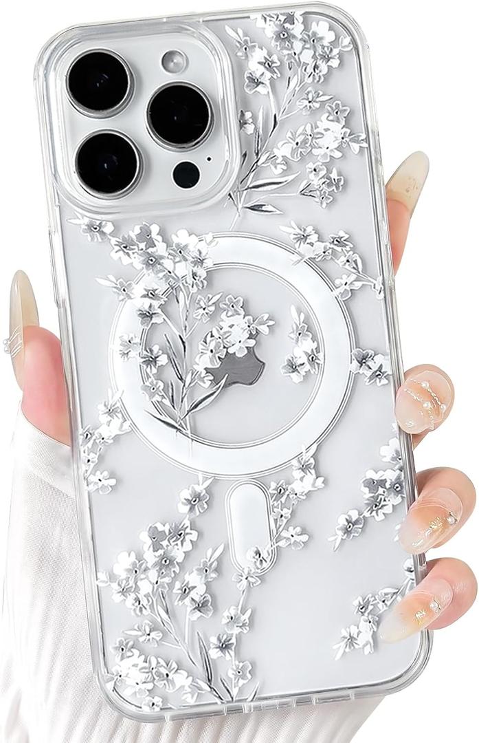 NITITOP Compatible with iPhone 14 Pro Case Clear Magnetic Compatible with MagSafe Cute Flowers Floral Leaves for Women Girls Hard PC Back Shockproof Protective Phone Cover - White