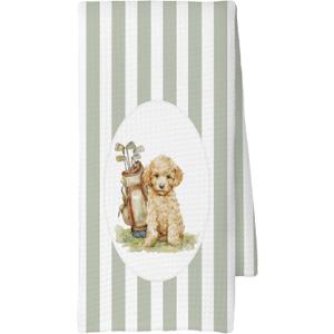 Poodle Golf Kitchen Towels, Poodle Gifts for Women, Golfer Gifts for Women, Sage Green Striped Golfing Dog Decoration Tea Towels Kitchen Hand Towels 16x24 Inch for Kitchen Bathroom Decor