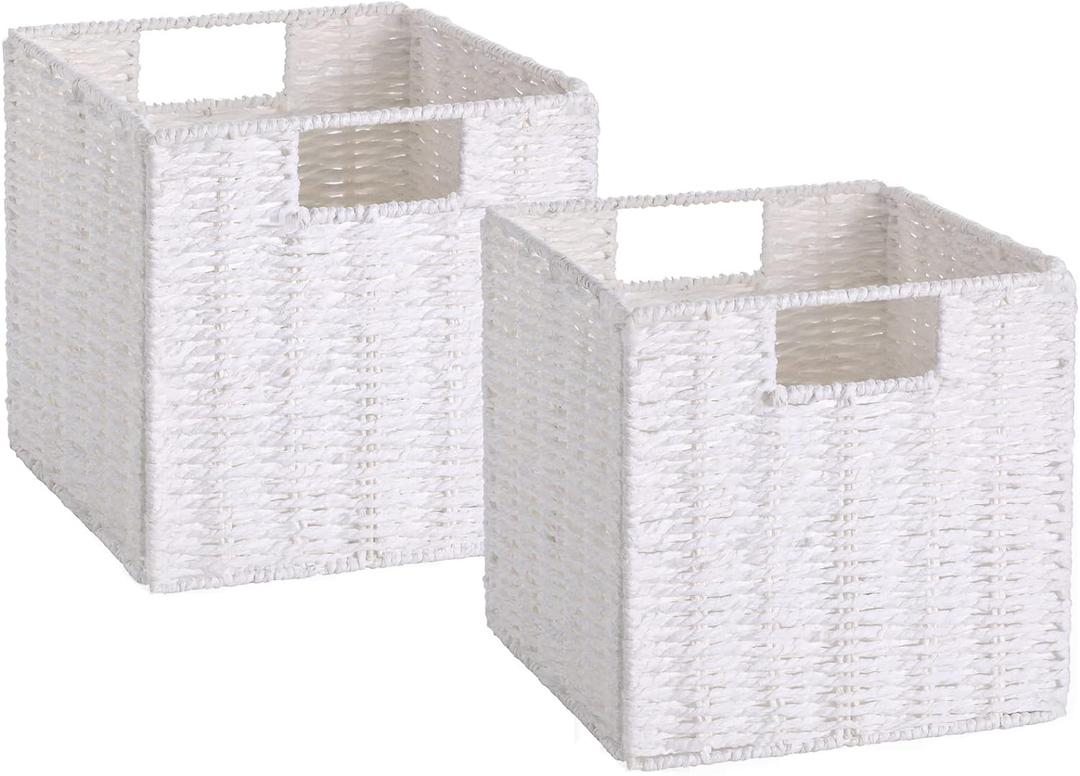 Vagusicc Wicker Storage Basket, Set of 2 Hand-Woven Storage Baskets for Organizing, Foldable Cube Storage Bins, 11 Inch Wicker Storage Baskets for Shelves and Decor, Square Closet Organizer, White