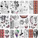 23 Sheets Halloween Joker Tattoos for Men Women Adults, Halloween Face Fake Temporary Tattoos, Halloween Snake Skull Bat Spider Scar Fake Tattoos Set for Halloween Cosplay Makeup Party Accessories (Green, Red, Orange, Black, Purple)