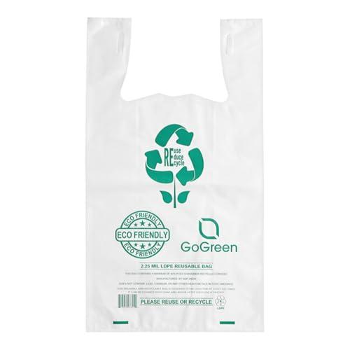 50 Count Biodegradable & Reusable T-Shirt Bags with Handles — Extra Heavy Duty 57 Micron (2.25 mil) White Shopping, Retail, Food Trucks & Restaurant Bags, 11.5" x 6.5" x 21" Eco Friendly