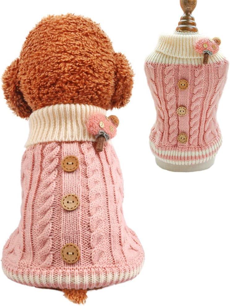 Knitted Dog Sweater for Small Dogs Cats Thick Warm Puppy Clothes Turtleneck Elastic Chihuahua Bulldog Dachshund Outfits(Small, Pink)