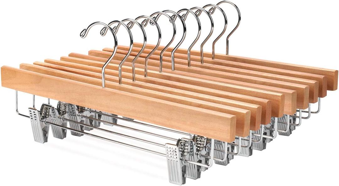 Nature Smile Solid Lotus Wood Deluxe Wooden Pants Hangers Bottom Hanger Jeans Hanger Skirt Hanger with 2-Adjustable Clips Anti-Rust Hook Pack of 10 (Natural)