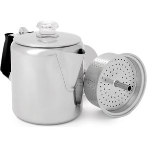 GSI Outdoors Percolator Coffee Pot I Glacier Stainless Steel with Silicone Handle for Camping, Backpacking, Travel, RV & Hunting - Stove Safe (6 cup)