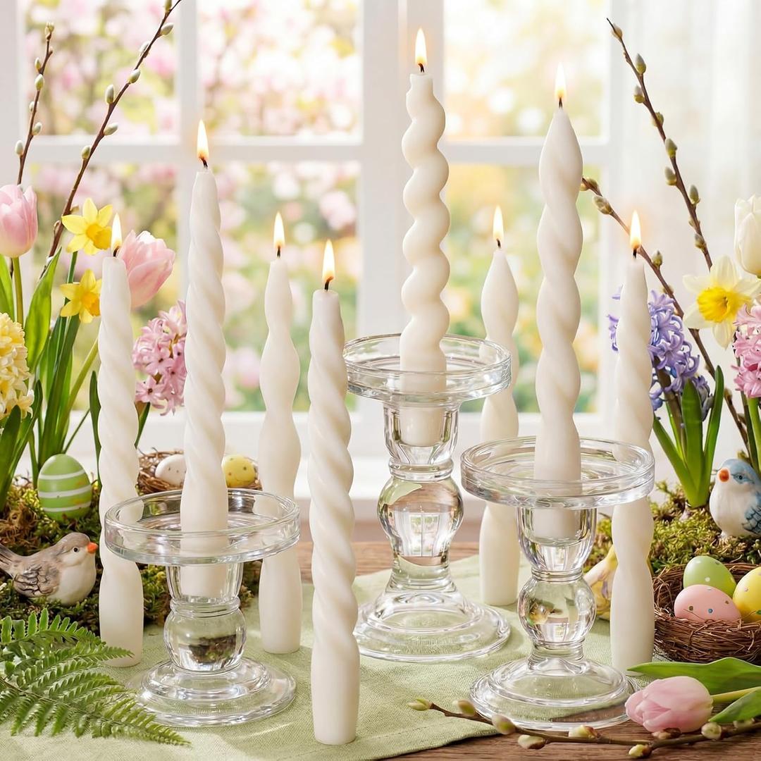 Nuanchu 12 Pcs Elegant White Spiral Taper Candles Twisted Wax Candlesticks 7.5 Inch Short Ivory Spiral Wax Scented Taper Candles for Easter Wedding Bridal Shower Birthday Decor Table Centerpieces