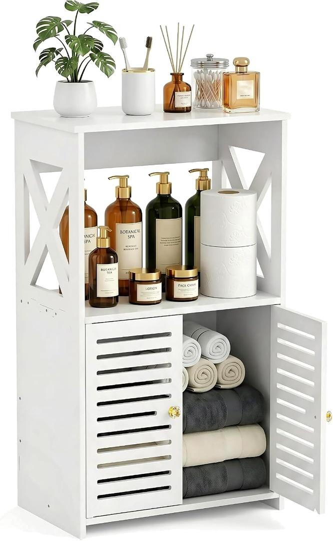BYFU Bathroom Storage Cabinet, 3-Tier White Small Floor Cabinet Freestanding Organizer with Door and Shelf for Living Room Hallway Kitchen Small Space