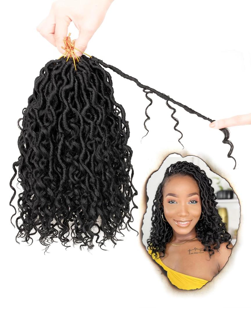 Goddess Faux Locs Crochet Hair for Black Women-10 Inch 8 Packs Natural Black,Soft River Locs,Curly Faux Locs With Bohemian Curly Branch,Pre Looped Synthetic Braiding Hair Extensions(10"-8P,1B)