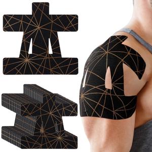 Geiserailie 20 Pcs Precut Kinesiology Tape for Shoulder, Pain Relief Pre Cut Sports Waterproof Breathable Enhance Elastic Copper Infused Kinesiology Athletic Tape for Body Support and Muscle Black