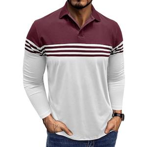 Men's Long Sleeve Polo Shirt Striped Cotton Moisture Wicking Classic Collared Casual Golf Shirts for Men (Red, XL)