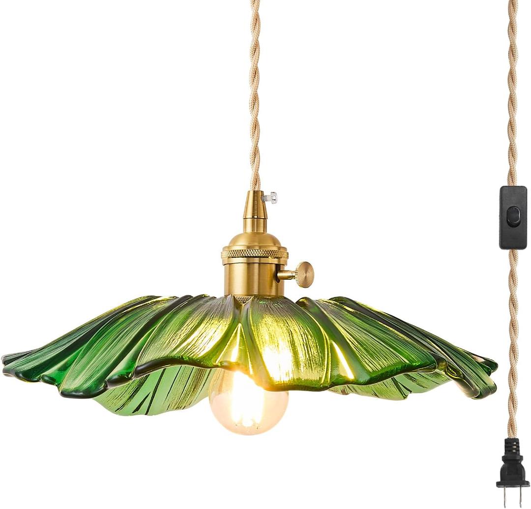 Plug in Vintage Pendant Lights Kitchen Island Glass Brass Hanging Light Fixture Flower Light for Bedroom Kitchen Hallway Corded On/Off Switch Bathroom Green Sunflower