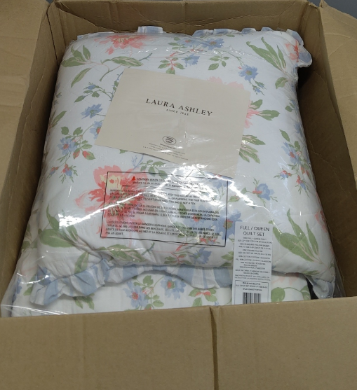 Laura Ashley - Quilt Set, Super Soft Bedding with Matching Shams, Includes Bonus Throw Pillow, Chic Room Decor (Emilie Blue, Full/Queen)