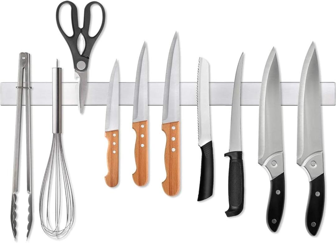 24 Inch Magnetic Knife Strip, Premium Stainless Steel Wall Mounted Kitchen Knives Bar,Space-Saving Powerful No Drilling Magnetic Knife Rack for Home Kitchen Utensil Holder & Tool Holder | No-drill magnetic knife strip, wall mounted space-saving organizer for kitchen knives, utensils and small tools