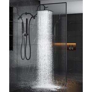All Metal Dual Shower Head Combo with Curved Extension Arm, 10" High Pressure Rain Shower Head with Handheld Spray, Square Adjustable Rainfall Showerhead System, 71" Extra Long Shower Hose, Black