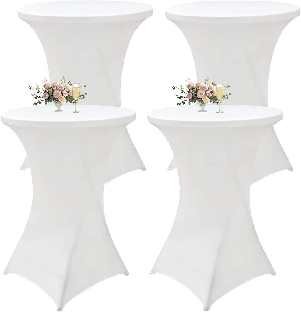 4Pack White Cocktail Table Cover 32x43 Inch Fitted Stretch Cocktail Tablecloth for Round Table Top Cover High Top TableCloths for Party Bar Pub Wedding Banquet