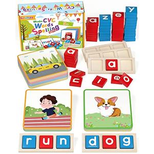 Wooden CVC Word Spelling Games, Montessori Educational Learning Toys Gifts for 3, 4, 5, 6 Year Old Kids, Preschool Kindergarten Learning Activities, Sight Words Flash Cards Reading Letters for Toddlers