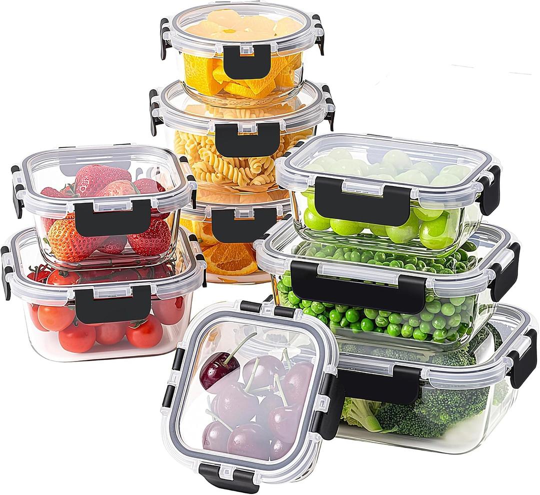 18 Piece Glass Food Storage Containers with Snap Locking Lids for Meal Prep