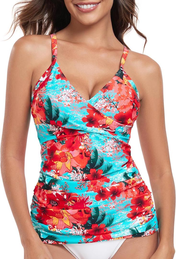 RELLECIGA Women's V Neckline Ruched Tankini Top Swimsuits Size L
