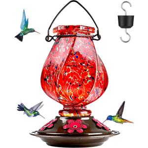 BOLITE Hummingbird Feeder, Hand Blown Glass Hummingbird Feeders for Outdoors Hanging with Ant Moat, 5 Bee-Proof Ports, Leak-Proof, 360 Perch, 22oz, Red, Gifts for Women Men, Gifts for Mom Dad