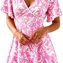 Casual Summer Dresses for Women Short Sleeve V Neck A Line Floral Mini Dress Flowy Beach Vacation Sundresses 2026 (Pink, XL)