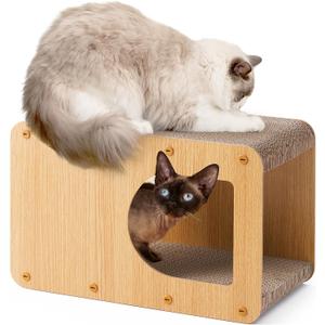 EHEYCIGA Cardboard Cat Scratcher House, 17-Inch Corrugated Cat Scratcher for Indoor Cats, Kitten Scratching Board Pad, Brown