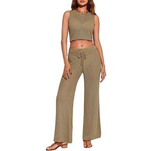Saodimallsu Women's 2 Piece Crochet Swimsuit Cover Up Sleeveless Crop Top Drawstring Long Pants Set Beach Outfits, Medium