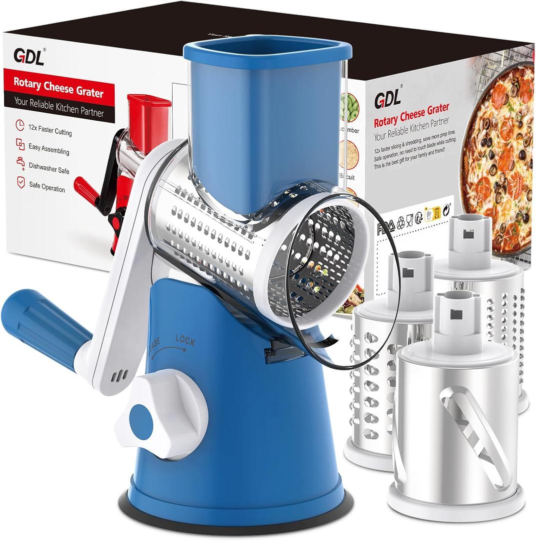 Cheese Grater Rotary, Rotary Grater for Kitchen, Kitchen Grater Vegetable Slicer with 3 Drum Blades, Fast Cutting Cheese Shredder for Vegetables and Nuts (Blue)