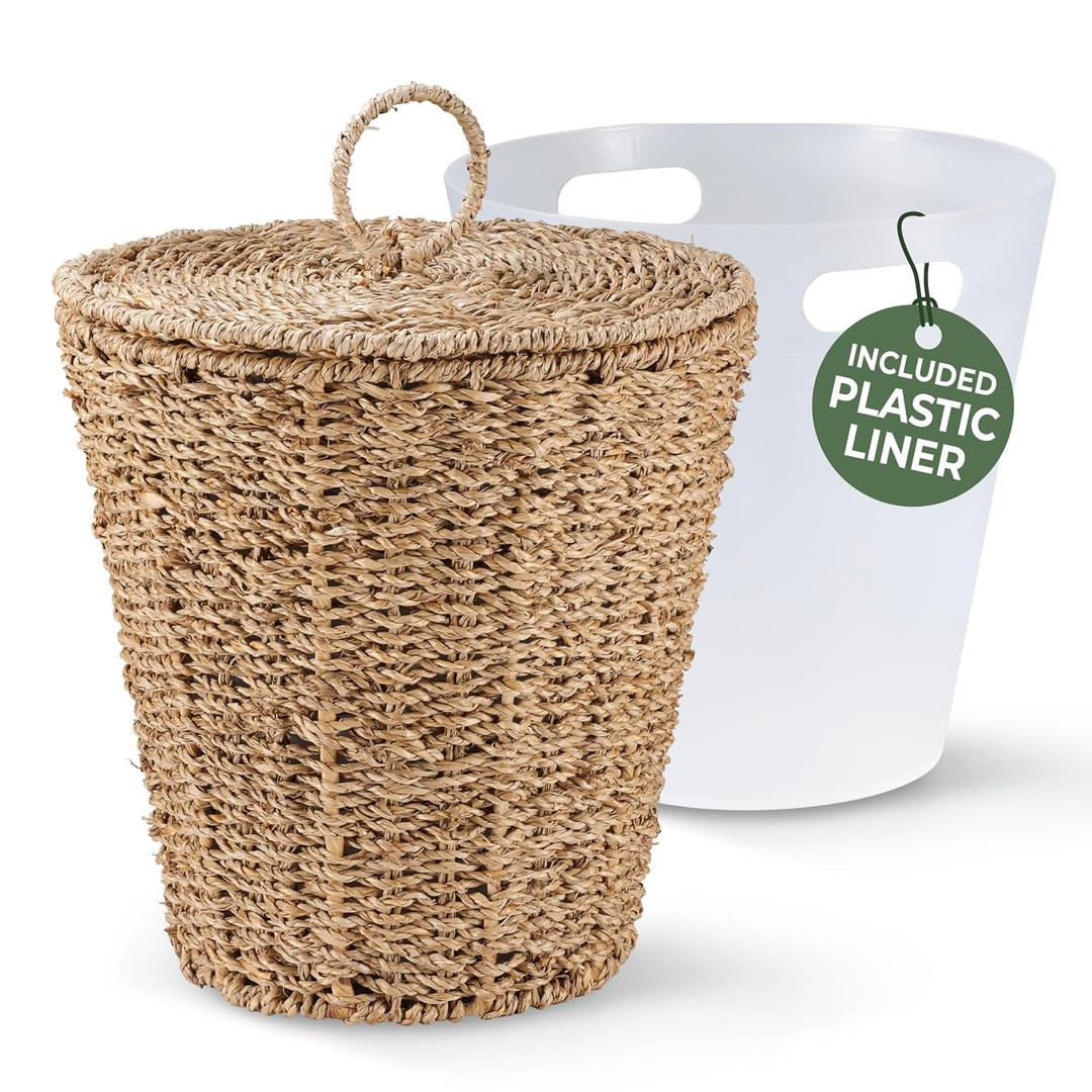 84ECO 3 Gallons Seagrass Waste Basket with Lid and Liner - Wicker Trash Can