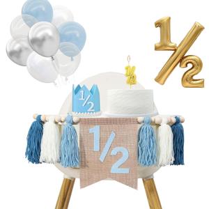 1/2 Birthday Boy Half Birthday Decorations High Chair Banner, 6 Month Girl Tassel Wood Bead Highchair Garland Blue