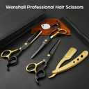 Wenshall Professional Black Gold Hair Scissors 6.89" Teeth Japanese Stainless Steel Multifunctional Salon Thinning Scissors Straight Shears Tools for Men Women Home Salon Barber