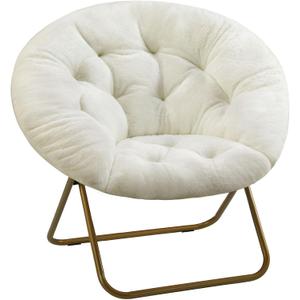 DUMOS Saucer Chair for Adults, Teens, Faux Fur XL Circle Chair for Bedroom, Dorm & Gaming, Foldable Comfy Accent Seat for Small Spaces, Oversized Style Thick Padded Meatal Frame, Ivory