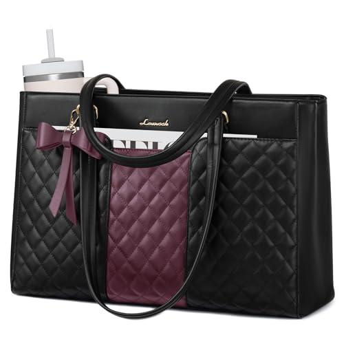 LOVEVOOK Laptop Tote Bag for Women,15.6 Inch Work Bags PU Leather Teacher Tote Bag,Waterproof Quilted Computer Bag for Office Professional Briefcase Gifts