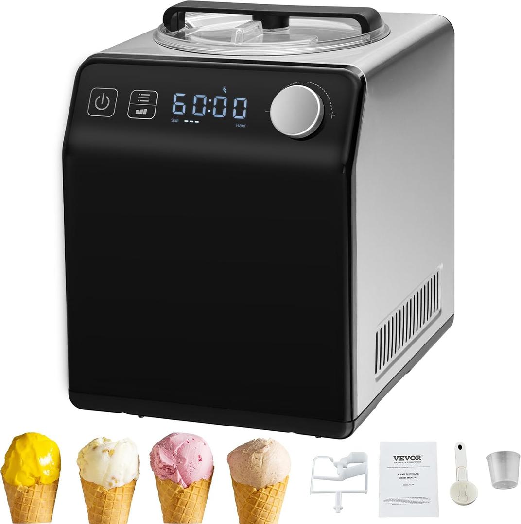 VEVOR Upright Automatic Ice Cream Maker with Built-in Compressor, 2 Quart No Pre-freezing Fruit Yogurt Machine, Stainless Steel Electric Sorbet Maker, 4 Modes Gelato Maker with Digital Display & Timer (Vertical, Silver Black)