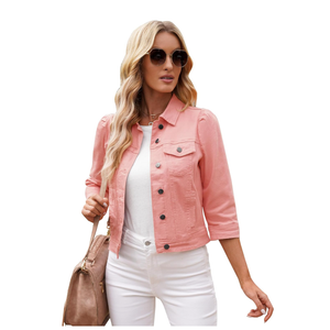 Vetinee Womens Jean Jacket Cropped Denim Jackets Stretchy 3/4 Puff Sleeve Distressed Shacket with Pockets, Size XL