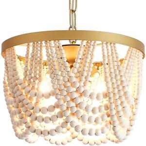 Boho Wood Beaded Semi Flush Mount Ceiling Light Fixture,3-Light Gold Metal Mini Chandeliers,Bohemia Small Chandelier for Bedroom, Nursery Room, Entryway, Hallway, Passway, Dining Room
