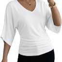EVALESS Womens Tops Spring Summer Dressy Casual V Neck 3/4 Batwing Sleeve Ruched T-Shirt Business Work Outfits Blouses (White, L)